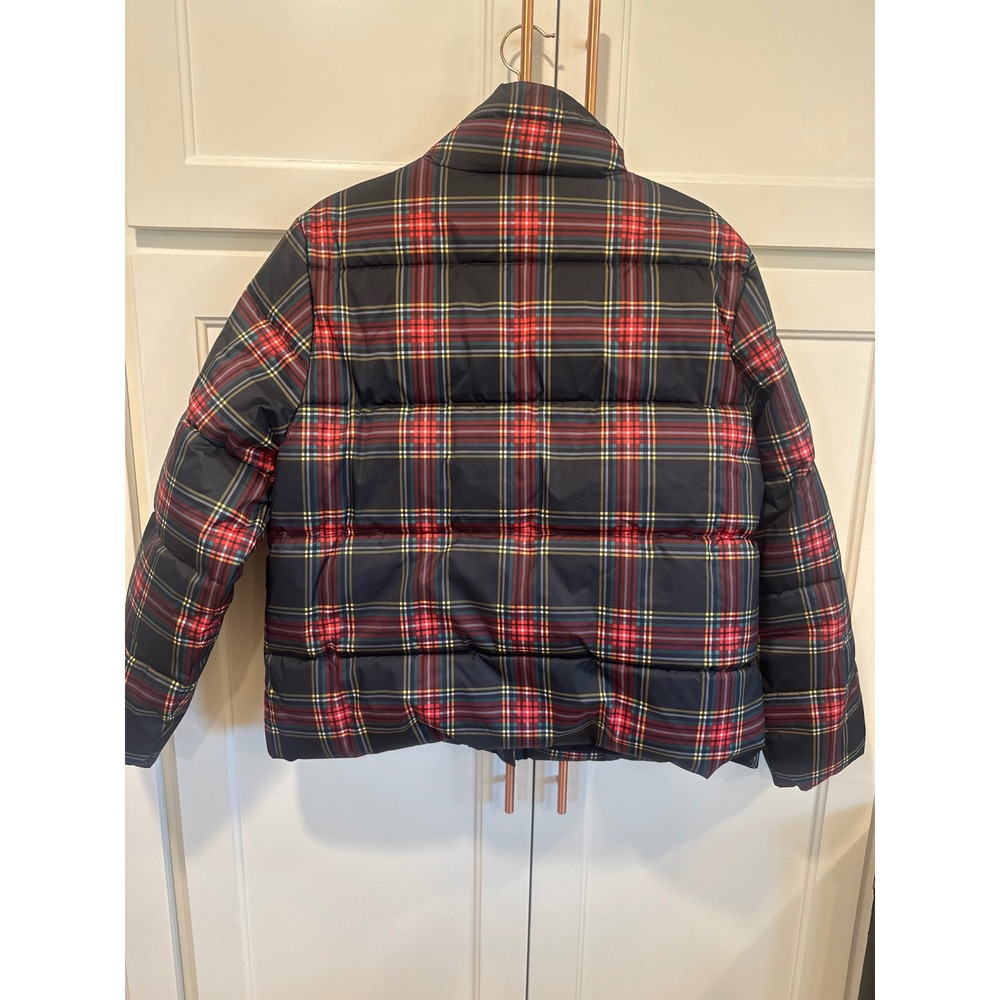 J.Crew Womens Plaid Puffer Jacket Navy Red boho Tartan Quilted Coat Large preppy - Picture 5 of 10